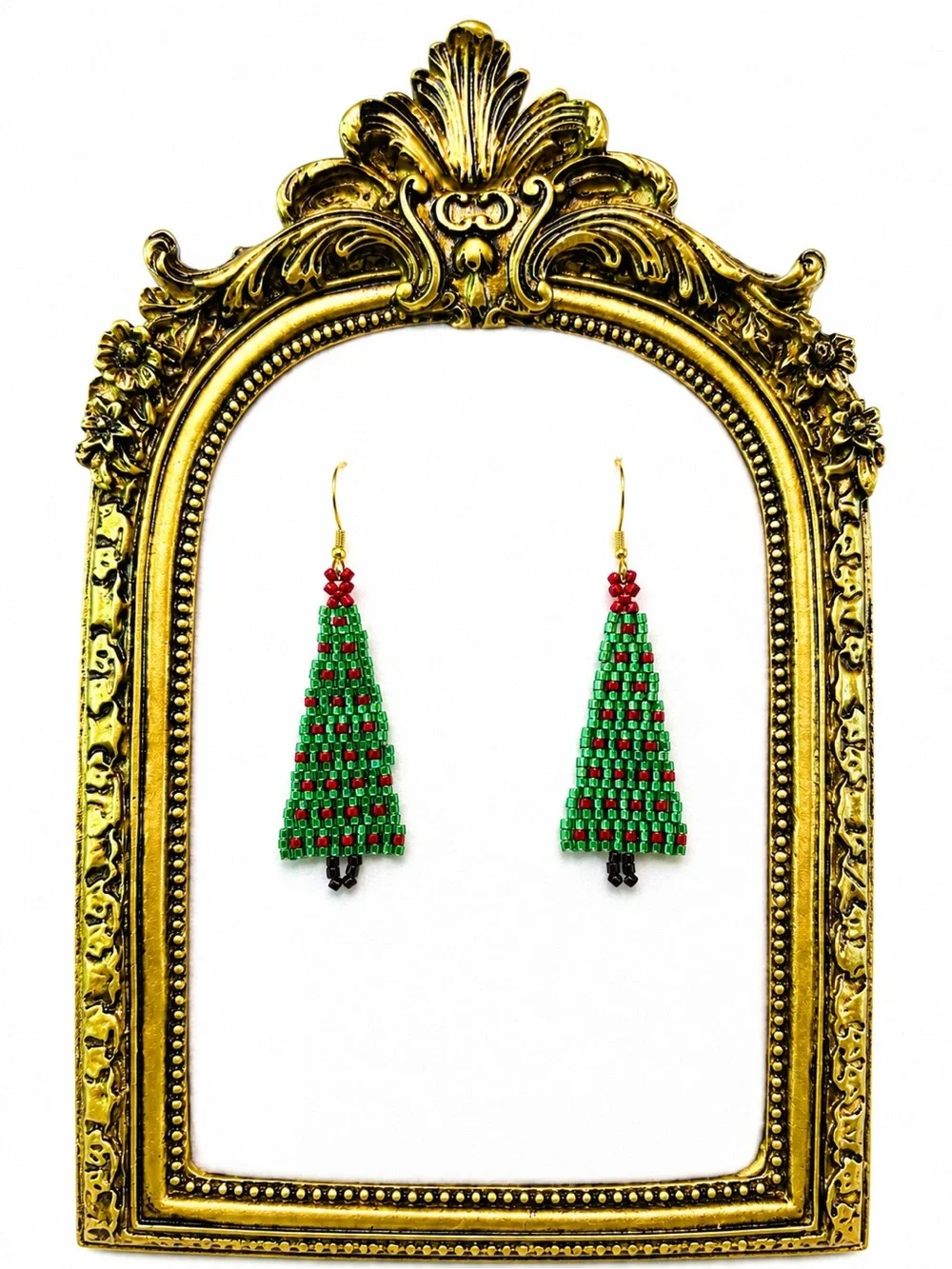 Handmade Green and Red Beaded Christmas Tree Earrings